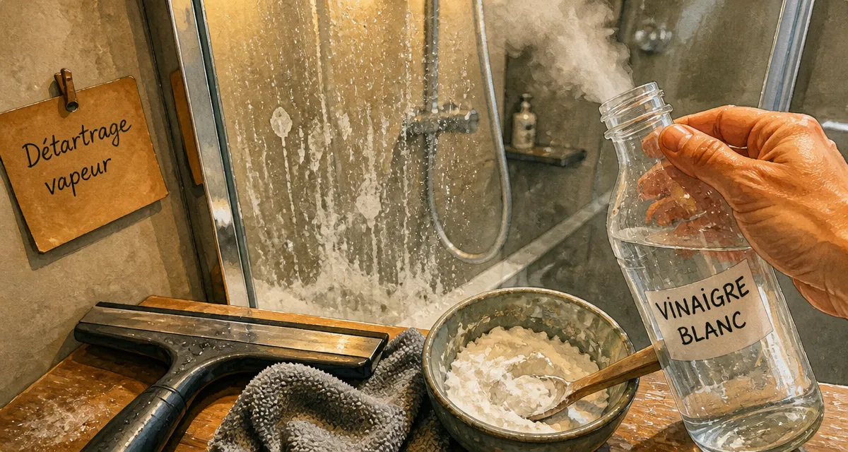 Vapeur de vinaigre pour enlever le calcaire sur les parois de douche