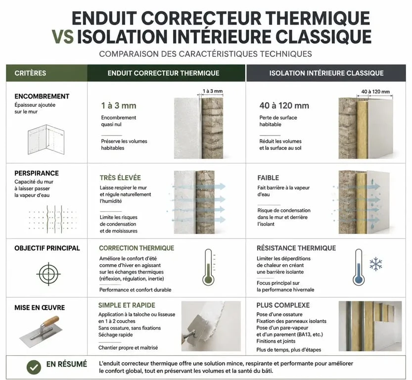 Infographie comparative des performances entre enduit correcteur thermique et isolation intérieure classique pour la rénovation.