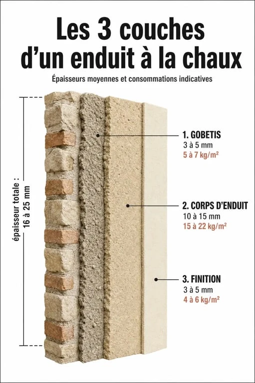 Schéma des couches d'un enduit à la chaux pour façade avec épaisseurs et consommations