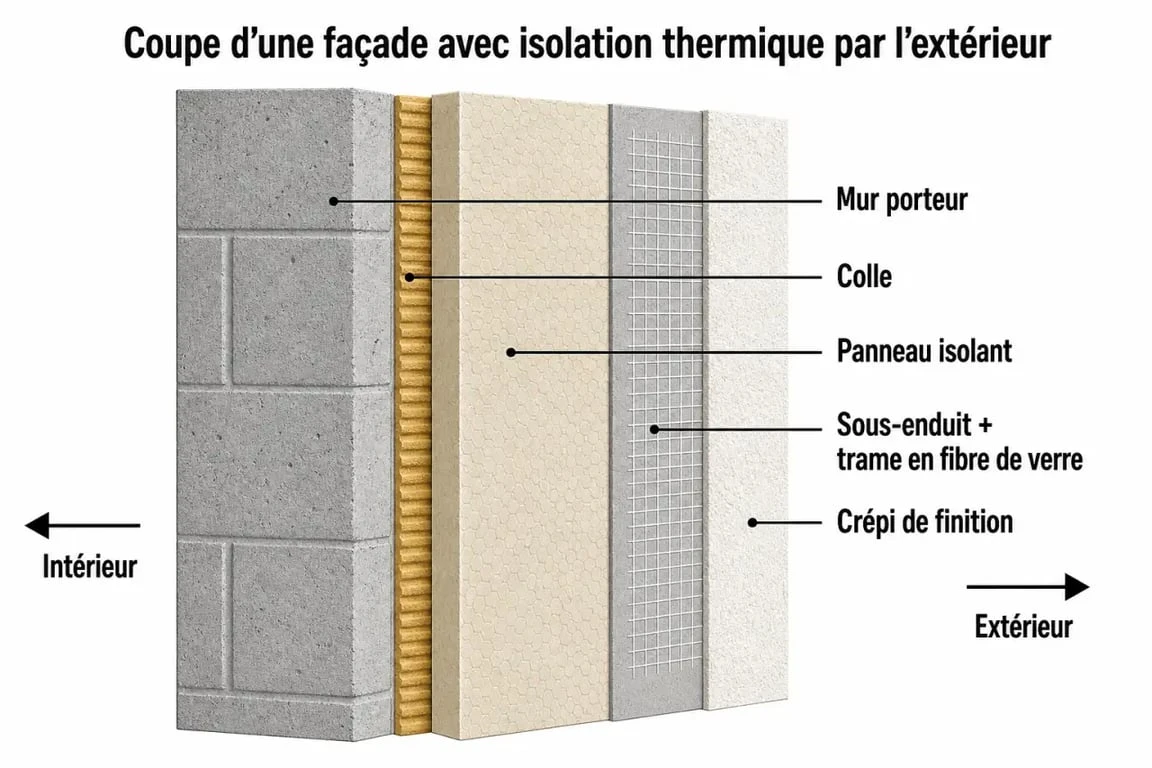 Schéma technique de la composition d'un crépi isolant pour façade