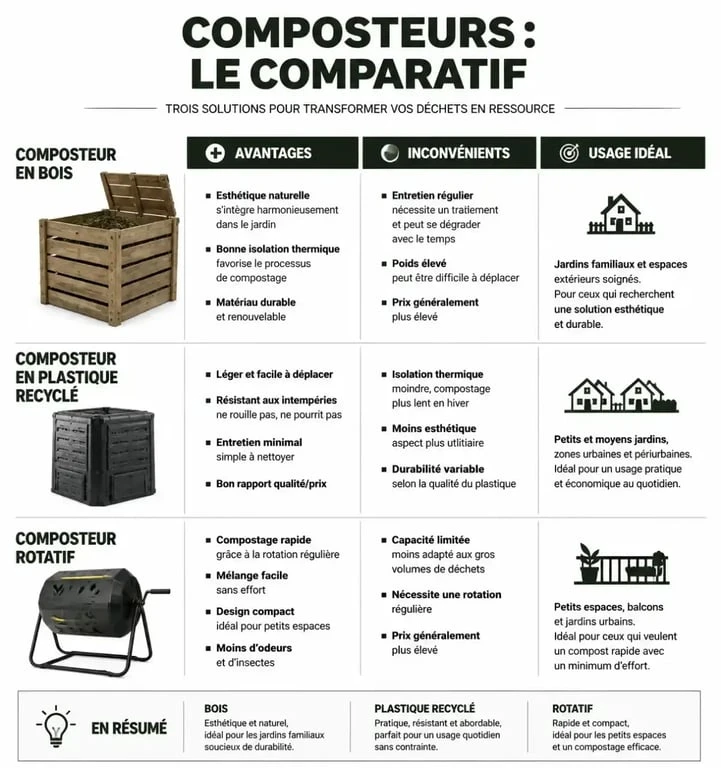 Tableau comparatif des différents modèles de composteur jardin pour choisir le plus adapté