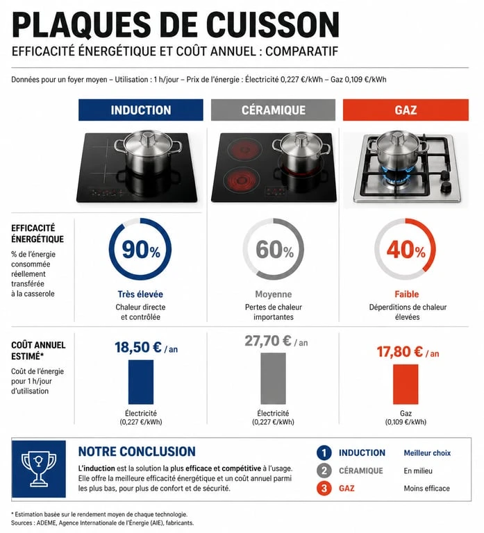 Comparatif de la consommation électrique et du coût annuel entre plaque vitrocéramique, induction et gaz