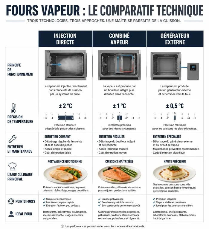 Comparatif des technologies de fours vapeur : injection directe, combiné et générateur externe pour choisir le meilleur four vapeur.