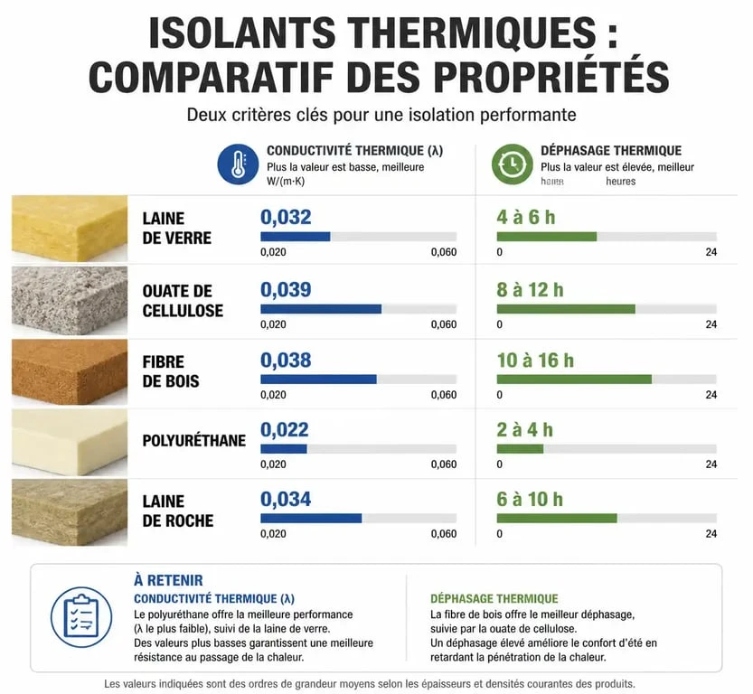 Infographie comparative des performances des isolants thermiques : conductivité et déphasage pour choisir le meilleur isolant thermique.