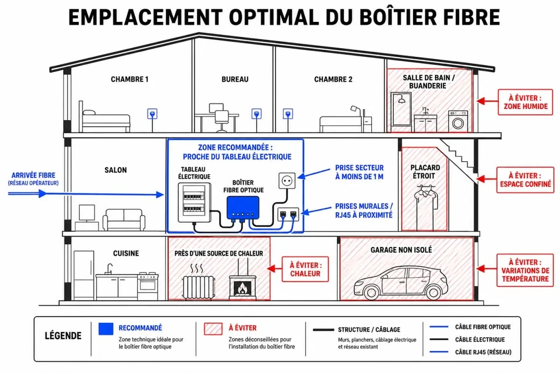 Schéma des emplacements recommandés pour installer son boîtier fibre optique dans une maison