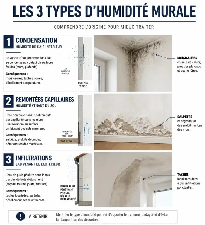 Infographie des causes et symptômes de l'humidité sur un mur pour aider à identifier le problème
