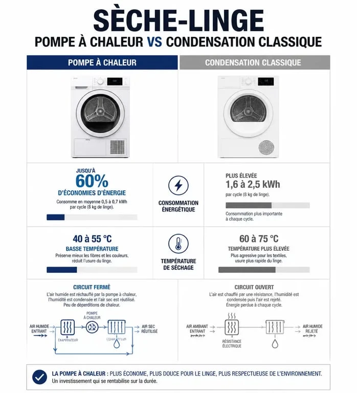 Infographie comparative : sèche-linge pompe à chaleur vs condensation classique pour comprendre les économies d'énergie