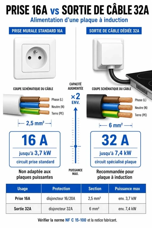 Comparaison technique entre une prise 16A et une sortie 32A pour brancher une plaque induction en toute sécurité