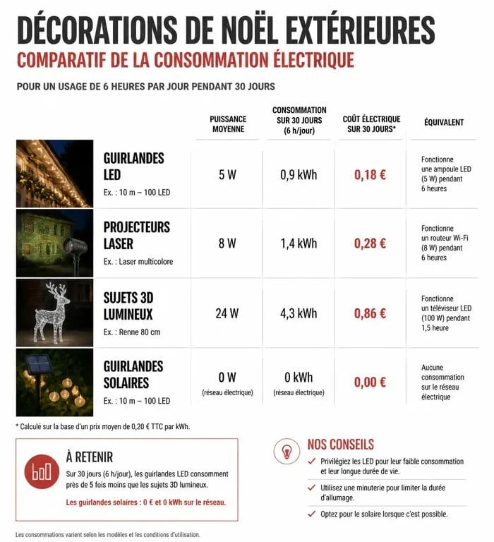 Infographie comparative de la consommation électrique pour la décoration de Noël extérieure