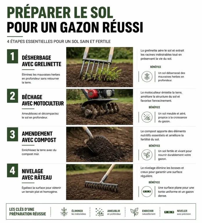 Étapes de préparation du sol pour semer son gazon : désherbage, bêchage, amendement et nivelage.