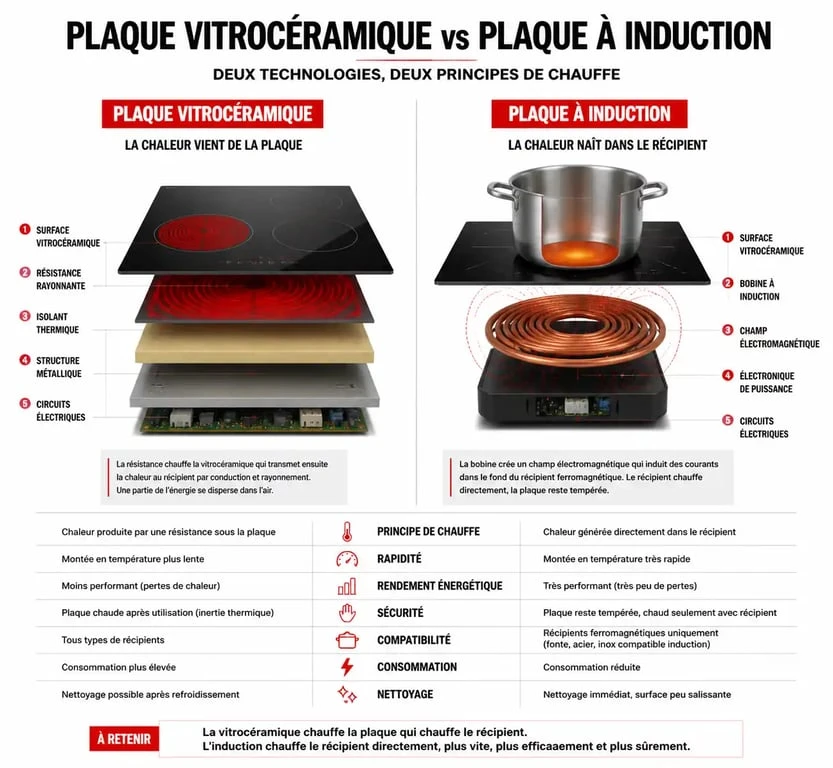 Infographie comparative : différence entre plaque à induction et plaque vitrocéramique pour le choix de votre table de cuisson