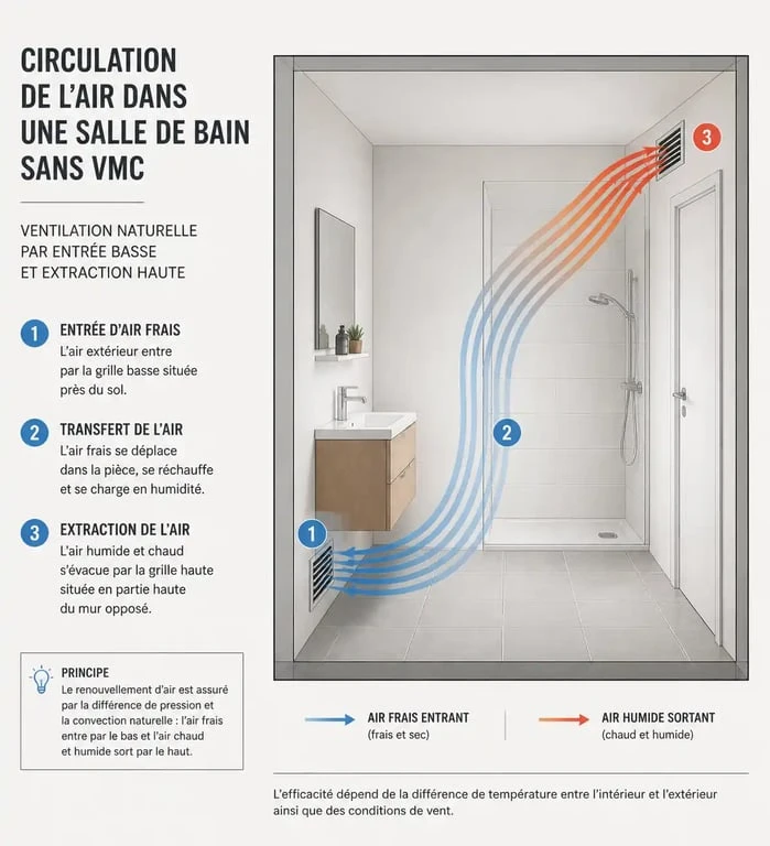 Schéma de ventilation naturelle pour ventiler une salle de bain sans VMC