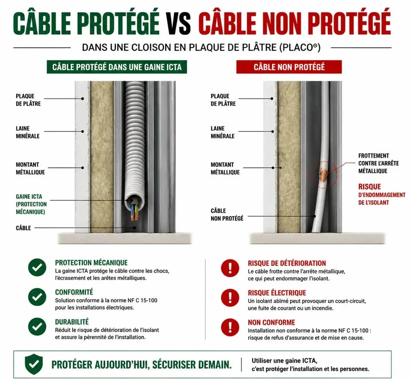 Comparaison visuelle entre un câble électrique protégé par une gaine ICTA et un câble nu dans une cloison placo