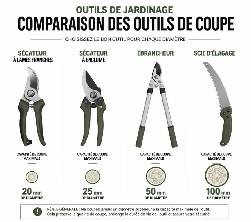 Infographie comparative des outils de jardinage pour la coupe : sécateur, ébrancheur et scie d'élagage avec leurs capacités respectives.