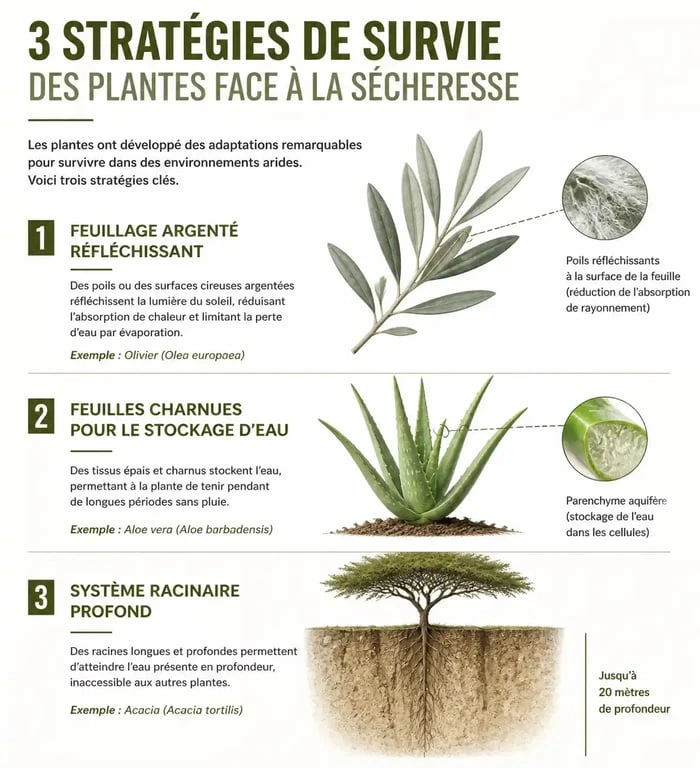 Infographie sur les stratégies de survie des plantes plein soleil sans arrosage
