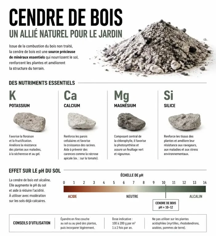 Infographie sur la composition chimique et les bienfaits de la cendre de bois au jardin