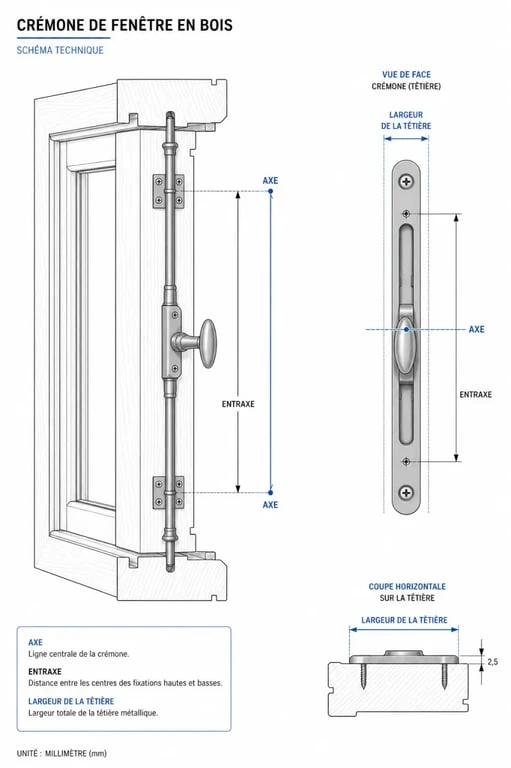 Schéma technique des mesures d'un mécanisme de crémone pour fenêtre en bois