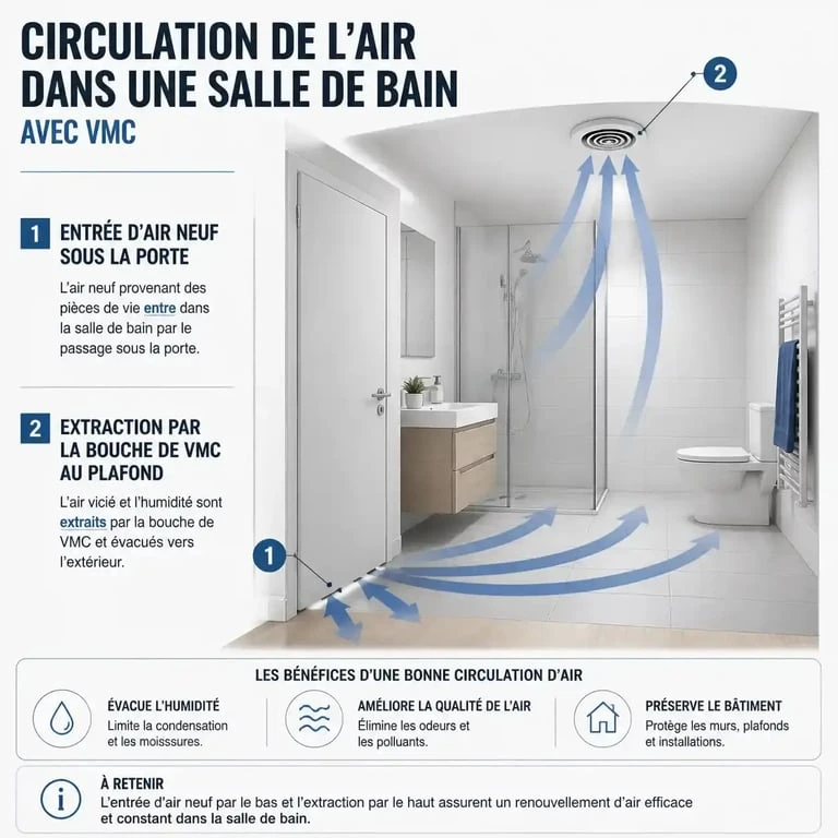 Schéma de fonctionnement d'une VMC dans une salle de bain pour une ventilation efficace