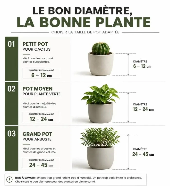 Infographie comparative des tailles de pot de fleurs selon le type de plante pour un rempotage réussi