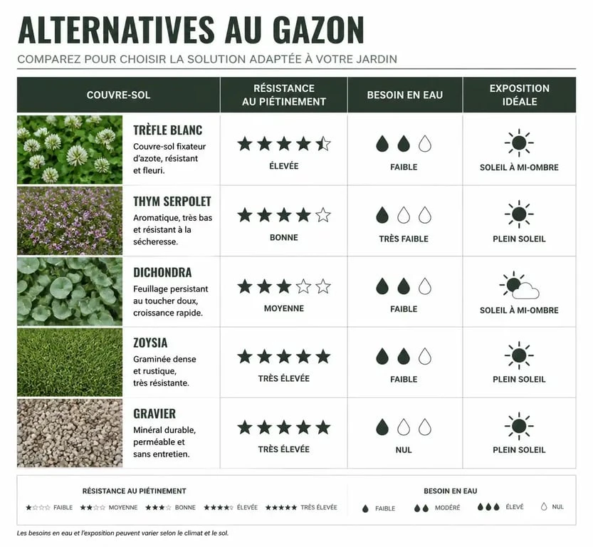 Tableau comparatif des meilleures alternatives au gazon pour remplacer sa pelouse