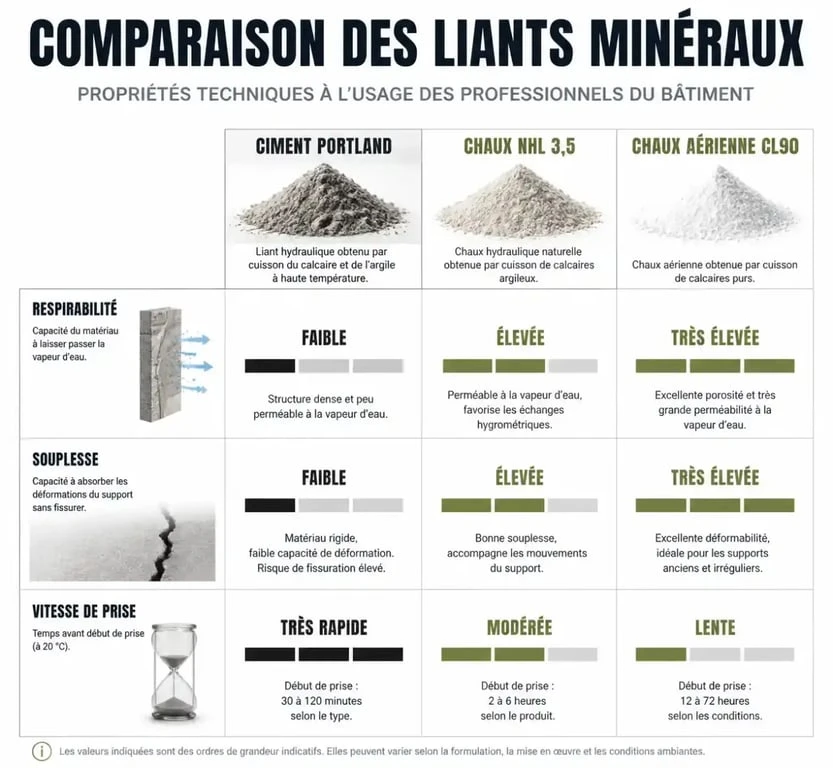 Comparatif technique des liants pour enduit patrimoine : ciment vs chaux NHL 3,5 vs chaux aérienne