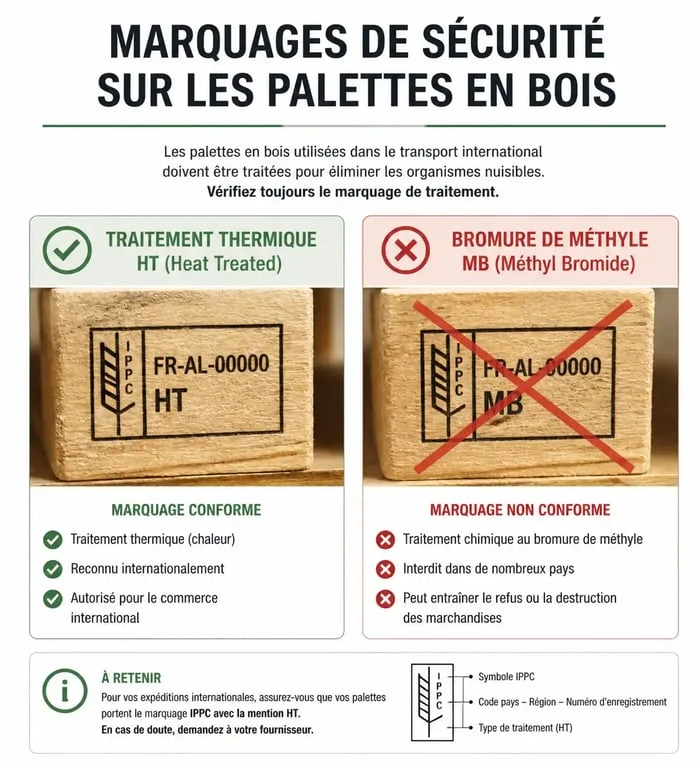 Infographie des marquages de sécurité pour fabriquer un meuble en palette : HT vs MB