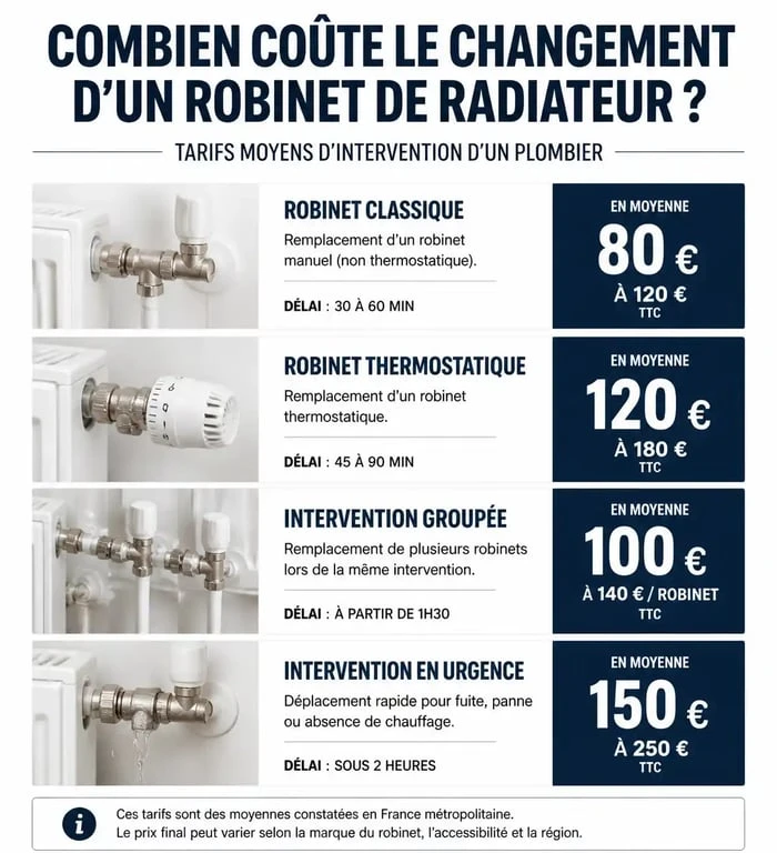 Tableau récapitulatif des prix d'un plombier pour changer un robinet de radiateur selon le type d'intervention