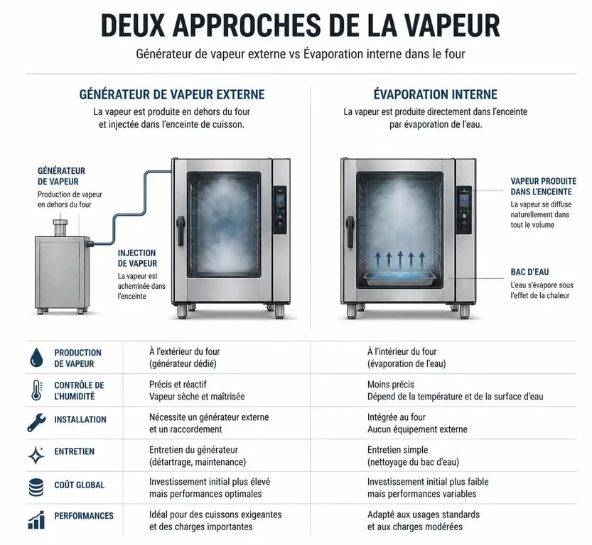 Schéma de fonctionnement d'un four vapeur montrant les deux technologies de génération de vapeur