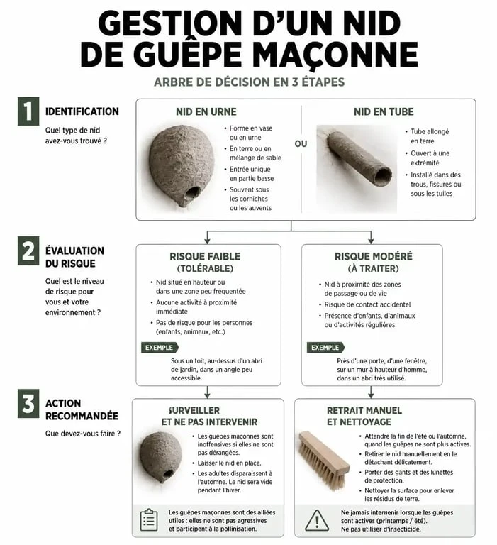 Infographie sur les étapes pour se débarrasser d'un nid de guêpe maçonne en toute sécurité