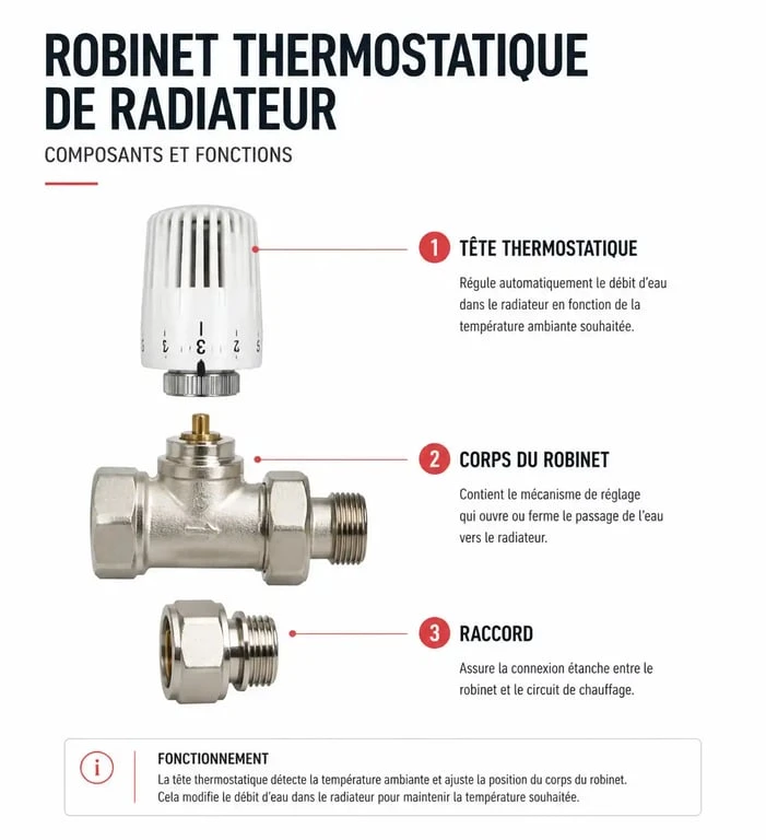 Schéma des composants pour changer un robinet thermostatique de radiateur