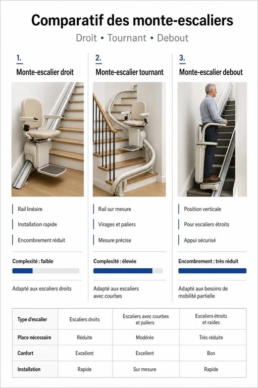 Comparatif des différents modèles de monte-escalier pour seniors : droit, tournant et debout