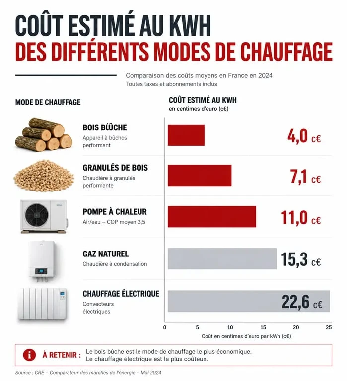Comparatif des coûts au kWh des différents modes de chauffage pour identifier le chauffage le moins cher