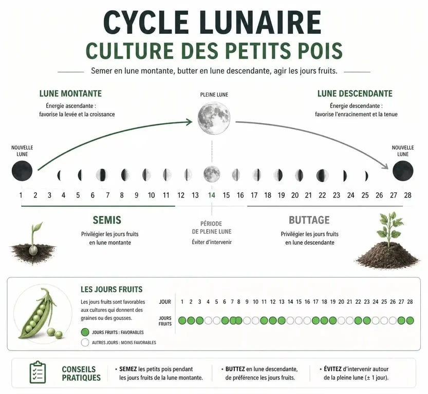 Calendrier lunaire pour le semis des petits pois : lune montante et jours fruits