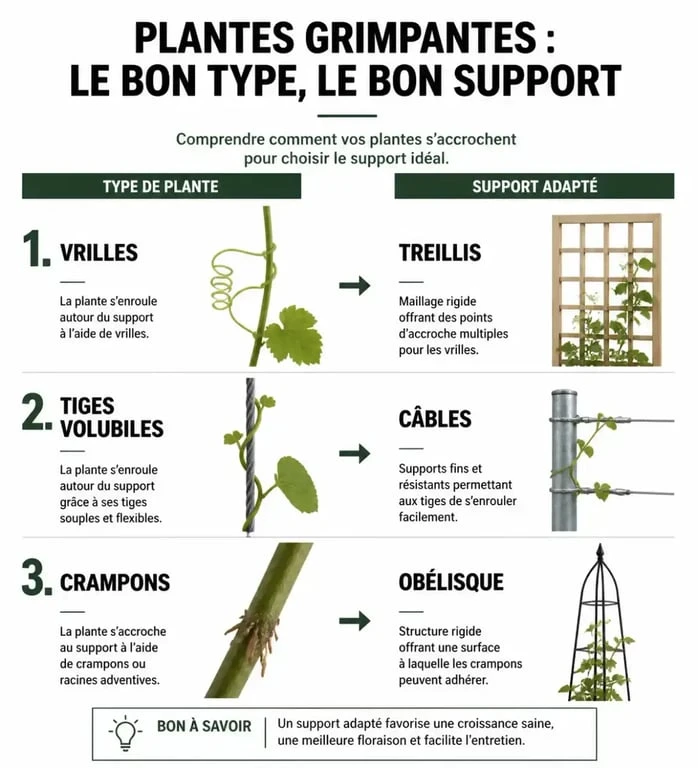 Infographie comparative des supports pour plantes grimpantes selon leur mode de fixation