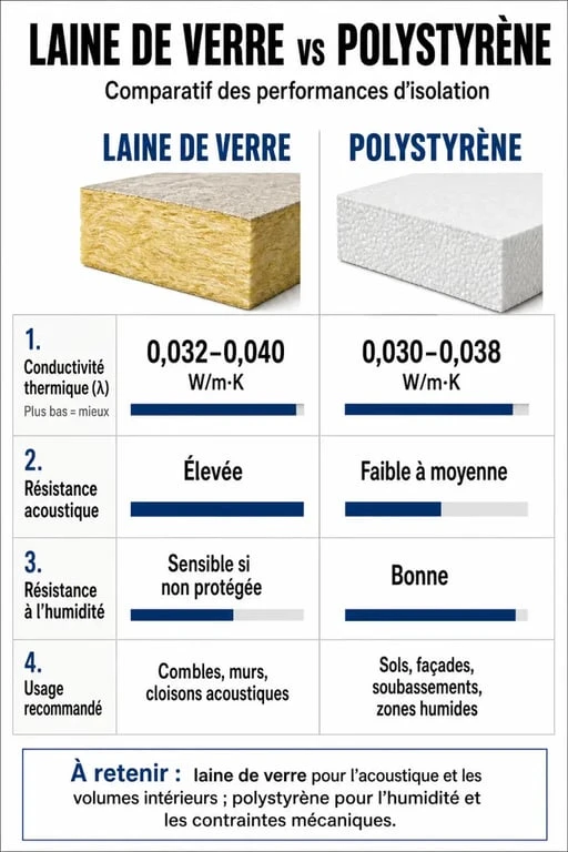 Comparatif isolation laine de verre ou polystyrène : propriétés thermiques et acoustiques