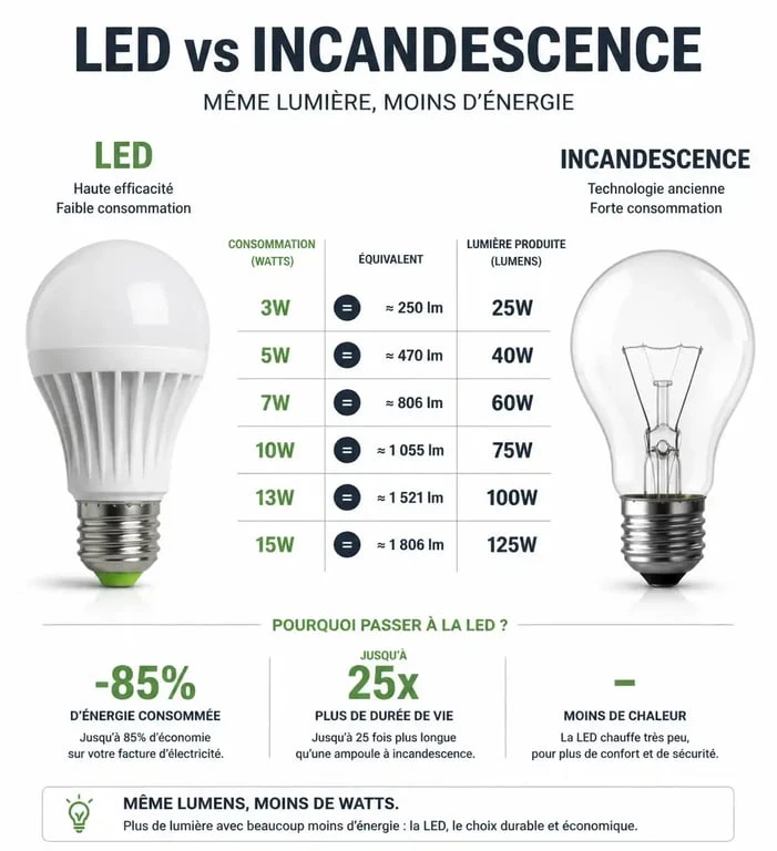 Tableau comparatif des ampoules économiques LED et incandescence par lumens et watts