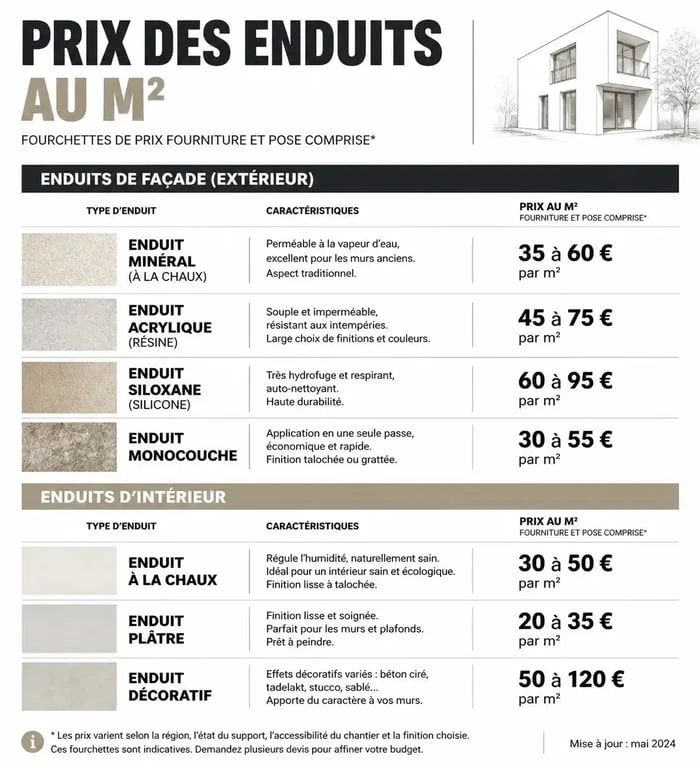Infographie des prix moyens de l'enduit au m2 pour façade et intérieur