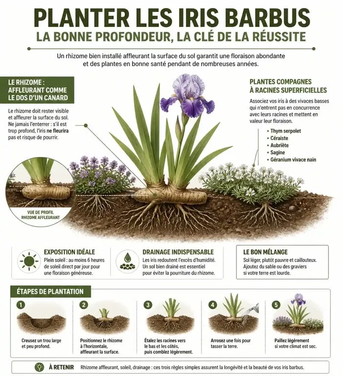 Schéma explicatif de la plantation des iris et des plantes compagnes au pied des rhizomes