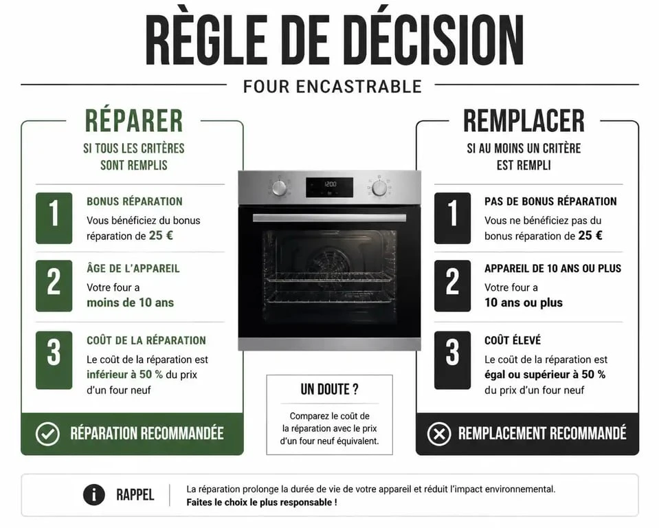Infographie sur la décision de réparation d'un four encastrable selon la règle des 50% et le bonus réparation