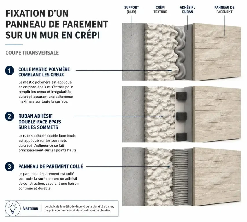Solutions pour coller sur du crépi : mastic, ruban adhésif et panneaux décoratifs