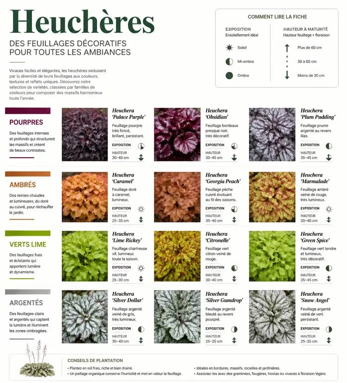 Infographie comparative des plus belles variétés d'heuchères pour le jardin