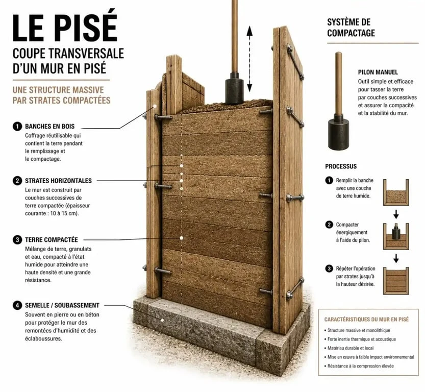 Schéma technique de la construction d'un mur en pisé par banchage