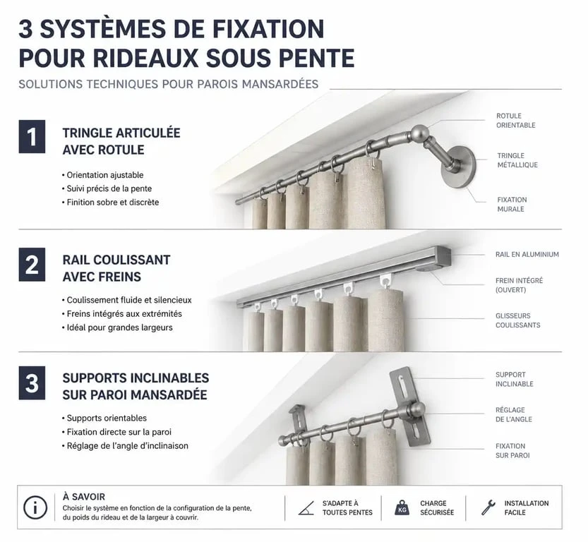 Schéma des solutions de fixation pour tringle rideau sous pente