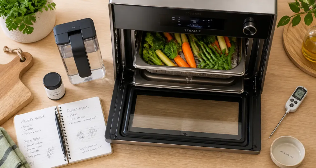 fonctionnement four vapeur avec légumes et accessoires