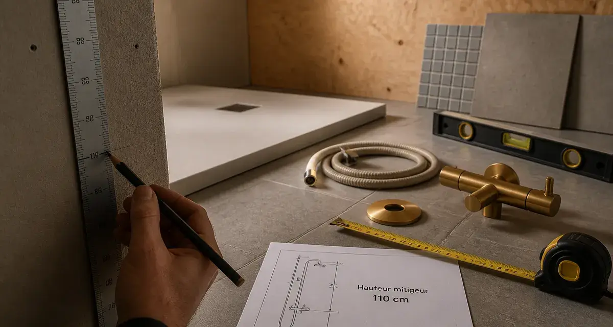 Hauteur mitigeur douche : repère de 110 cm pour confort