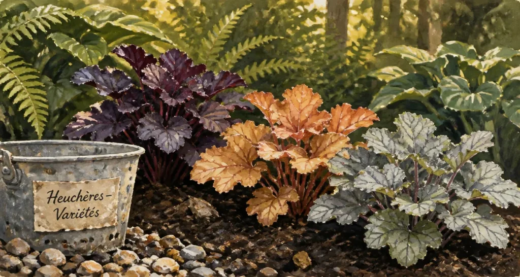 Les plus belles heuchères en bordure : Obsidian, Caramel, Silver Gumdrop au jardin