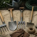 Outils de jardinage : grelinette, bêche, fourche, râteau et serfouette en photo