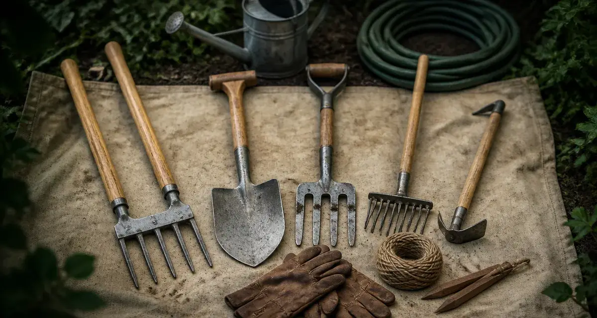 Outils de jardinage : grelinette, bêche, fourche, râteau et serfouette en photo