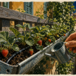 Plantation fraisier en hauteur sur balcon, gouttière avec jeunes plants et fruits