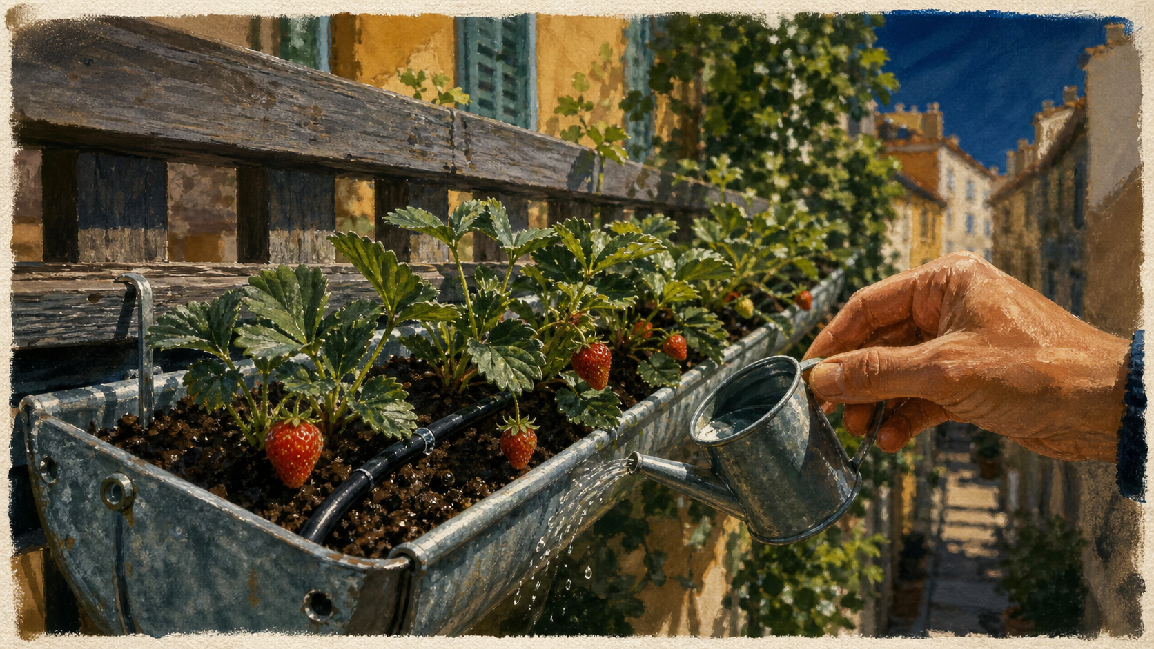 Plantation fraisier en hauteur sur balcon, gouttière avec jeunes plants et fruits